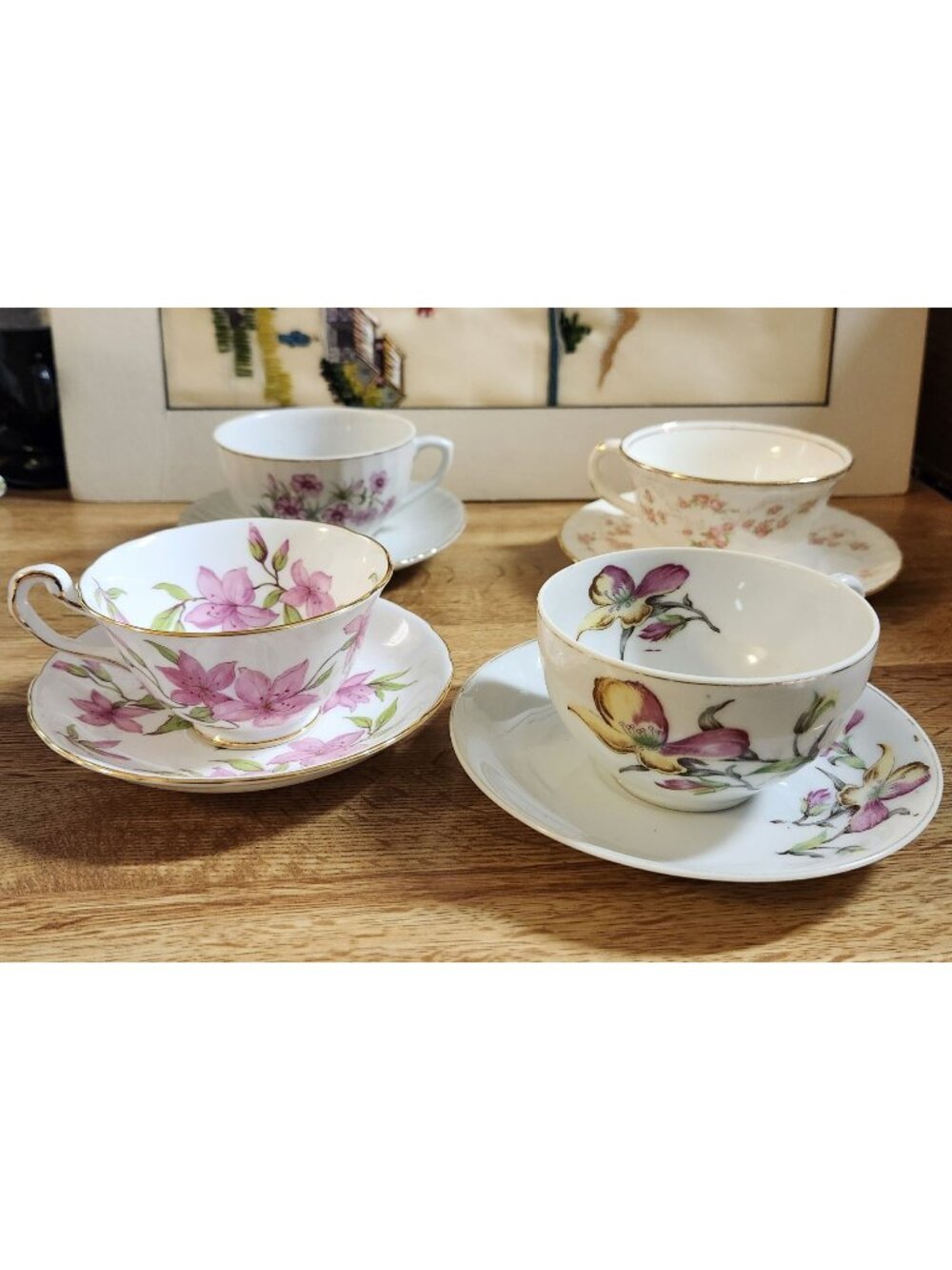 Mismatched Pink China Tea Cups & Saucers Florals Tea Party 4 Sets